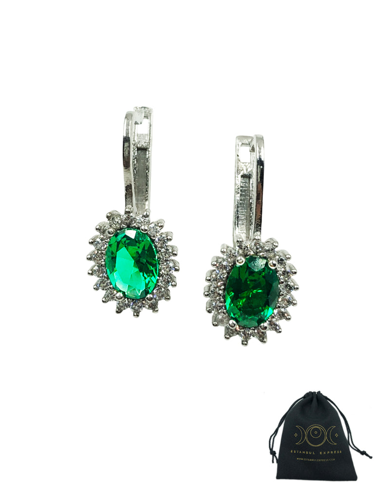 Aretes De Plata 925 Piedras Son Zirconias Ovalado Verde - Hecho en Turquía
