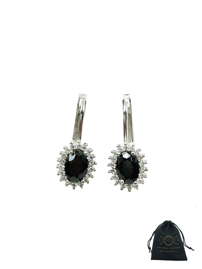 Aretes De Plata 925 Piedras Son Zirconias Ovalado Negro - Hecho en Turquía