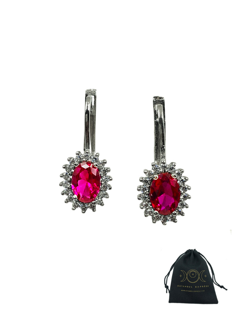 Aretes De Plata 925 Piedras Son Zirconias Ovalado Rojo - Hecho en Turquía