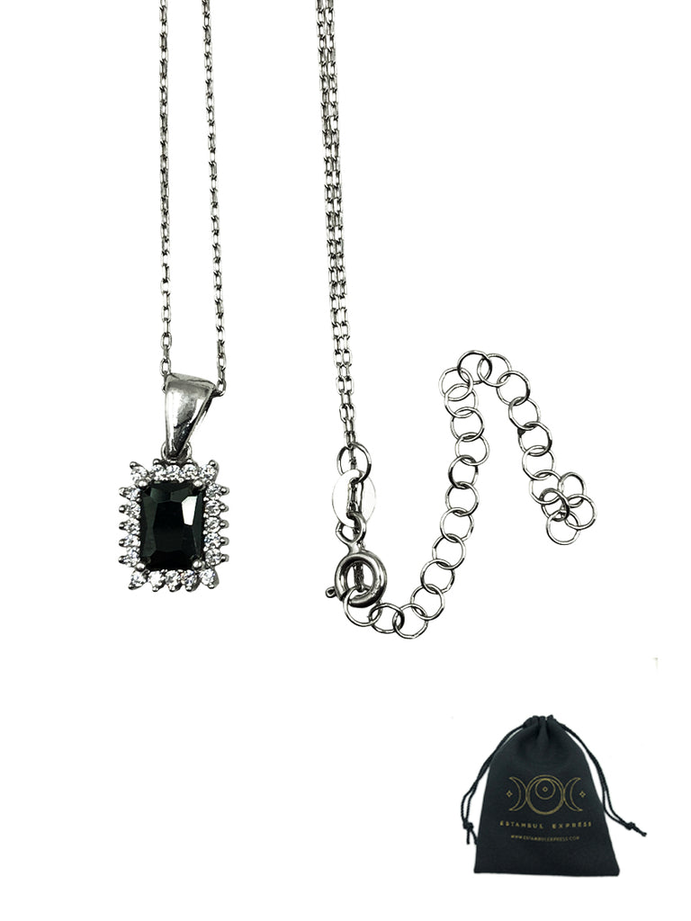 Juego De Plata .925 Collar Y Aretes Hexágono Negro