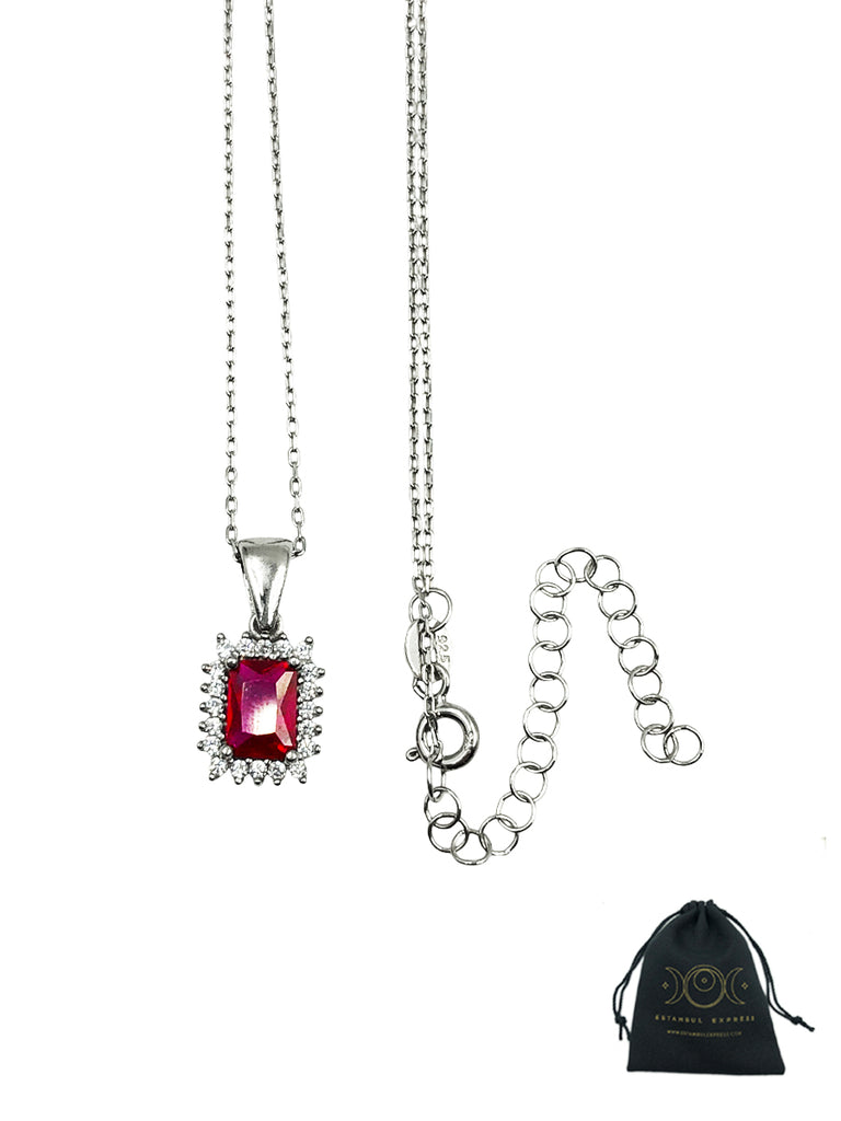 Collar De Plata .925 Hexágono Rojo