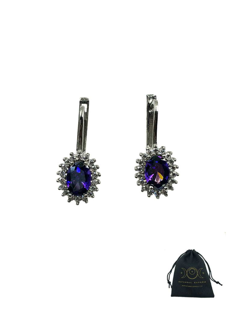 Aretes De Plata 925 Piedras Son Zirconias Ovalado Morado - Hecho en Turquía