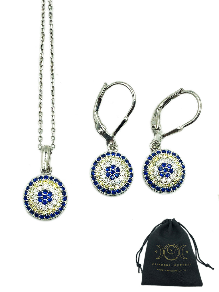 Juego De Ojo Turco Redondo Plata De Ley 925 Collar Aretes