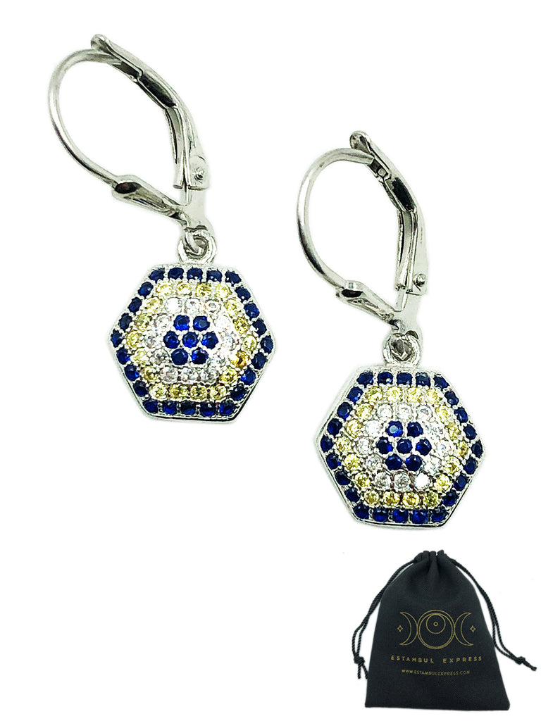 Ojo Turco Aretes Plata .925 Hexagon Piedra Zirconia Elegancia - Hecho en Turquía