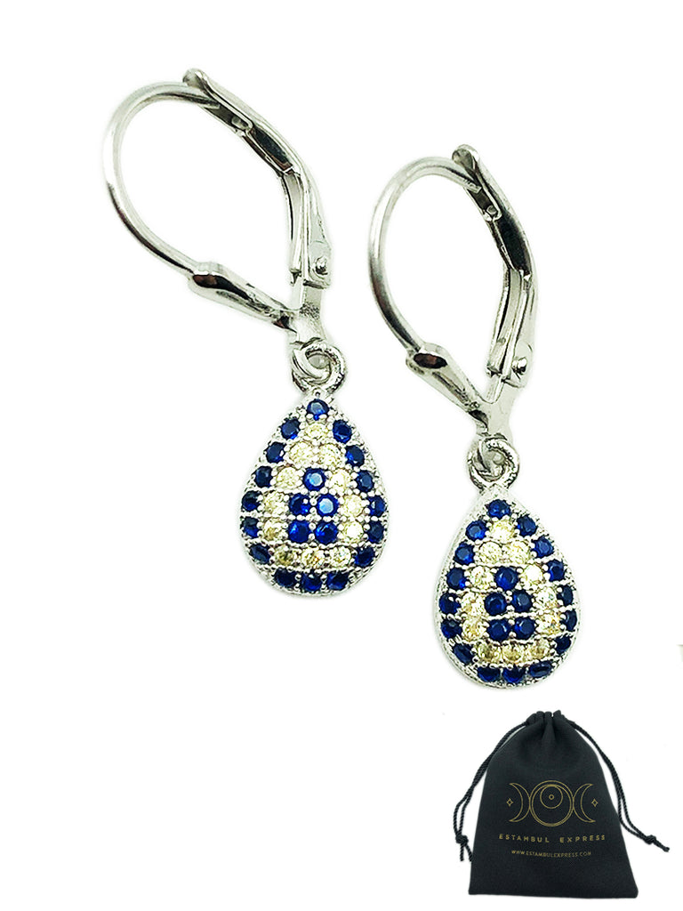 Ojo Turco Aretes Plata .925 Gota  Piedra Zirconia Elegancia - Hecho en Turquía
