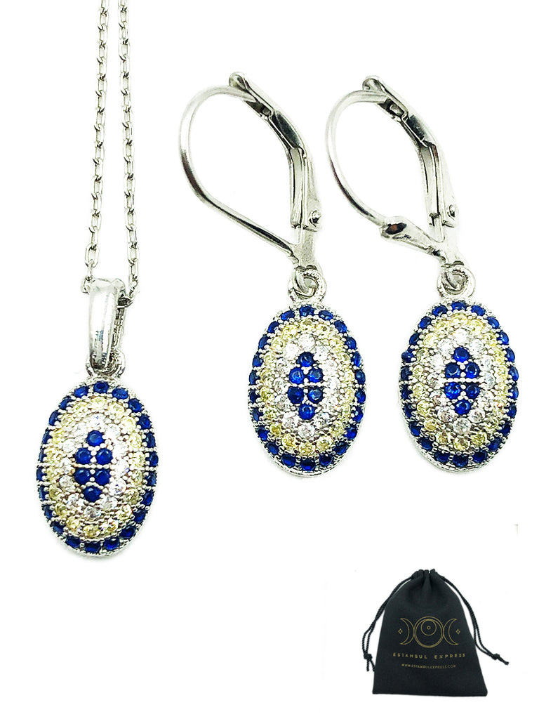 Juego De Ojo Turco Ovalado Plata De Ley 925 Collar Aretes