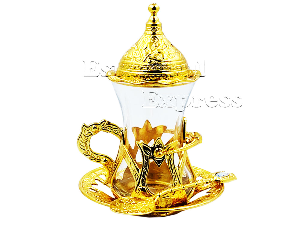 Taza De Te De Cristal Estilo Otomano Hecho En Turquia Color Dorado